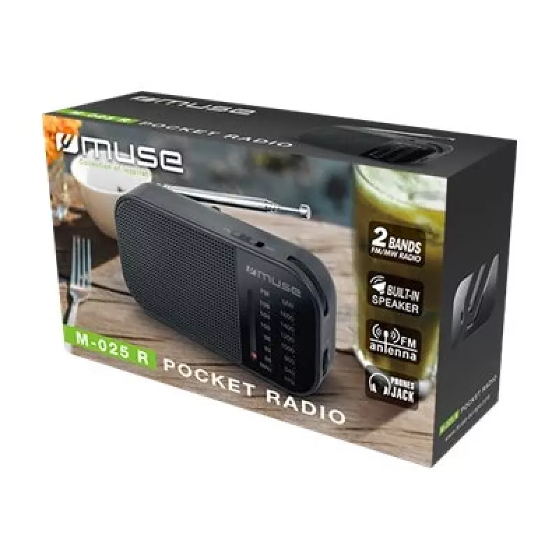 Kaasaskantav raadio Muse M-025 R — MW/FM, must, patareitoitel, kompaktne (32×130×70 mm)