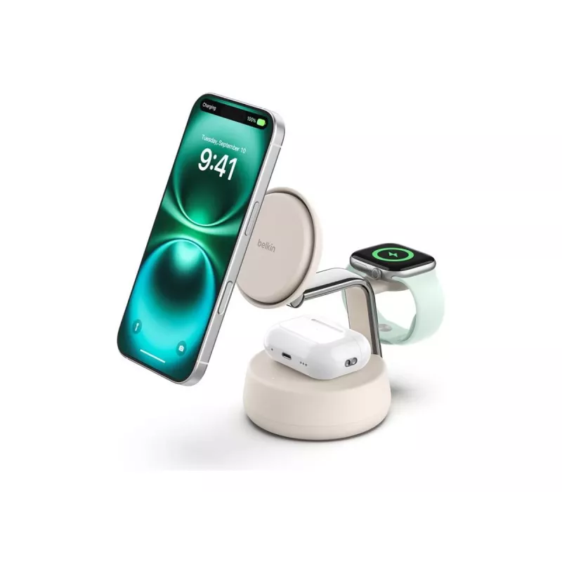 Juhtmeta USB-laadija Belkin Qi2 WIZ040KQSD — 25 W, USB toide, 1,5 m kaabel, valge, nutitelefonile nutikellale kõrvaklappidele treeningujälgijale