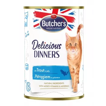 Märg kassitoit Butcher's Pet Care Delicious Dinners 400 g — forellimaitsega, täiskasvanud, säilitusainetevaba, gluteenivaba