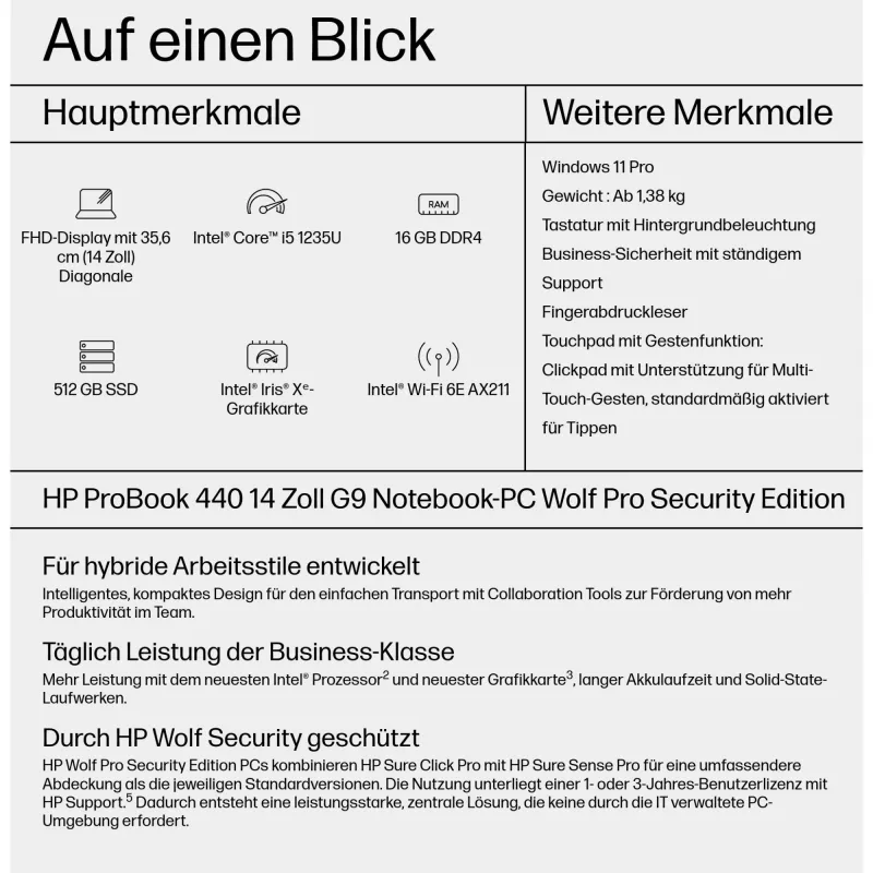 HP ProBook 440 G9 14-tolline sülearvuti, Intel Core i5-1235U, 16 GB, 512 GB SSD, Windows 11 Pro