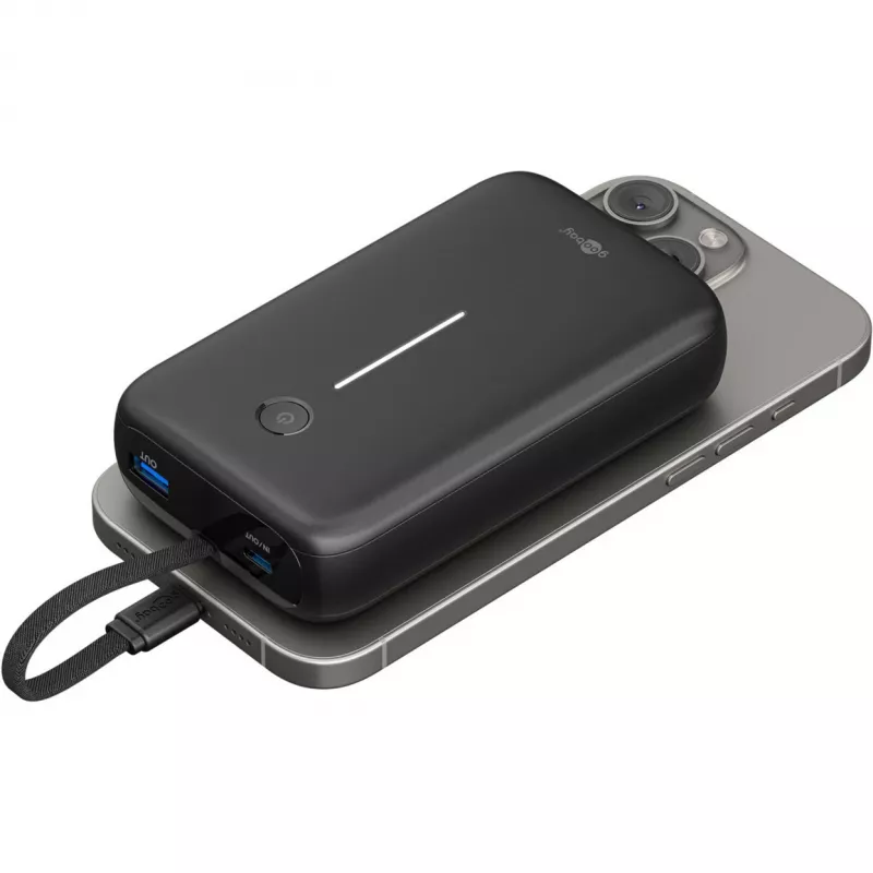 Akuplokk 20 000 mAh, integreeritud USB-C-kaabel 13 cm, 30 W (must, 20 Ah, 1x USB-A, 2x USB-C, PD, QC)