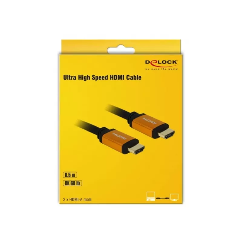 DeLOCK - HDMI-kaabel - HDMI (M) kuni HDMI (M) - 50 cm - Kolmekordne isolatsioon - Must, Kuld - 8K tugi