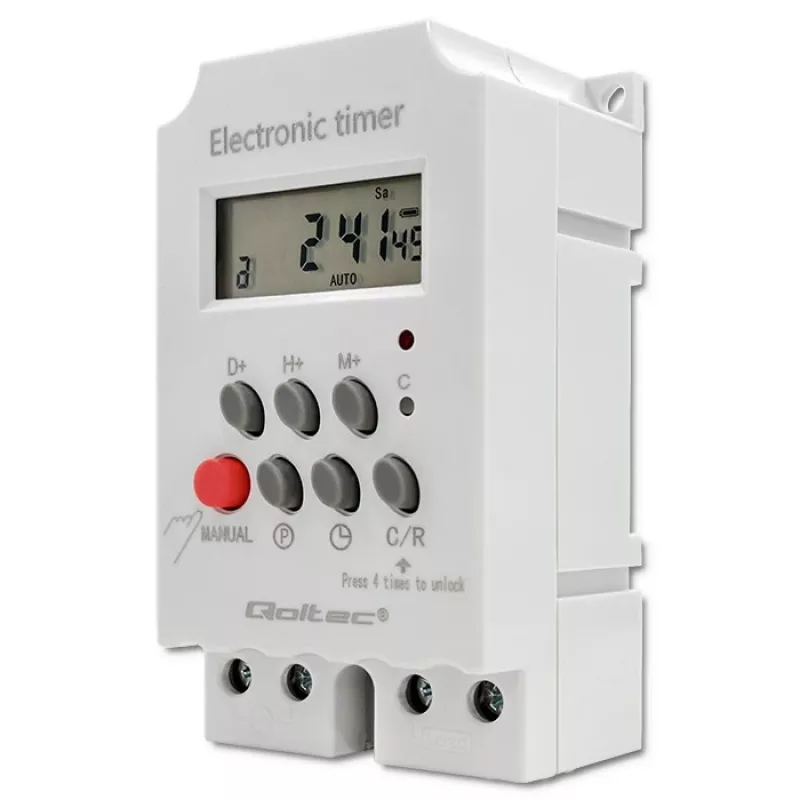 DIN-liistule paigaldatav elektrooniline taimer QOLTEC PC0629 — 24 V toide, 16 A väljund