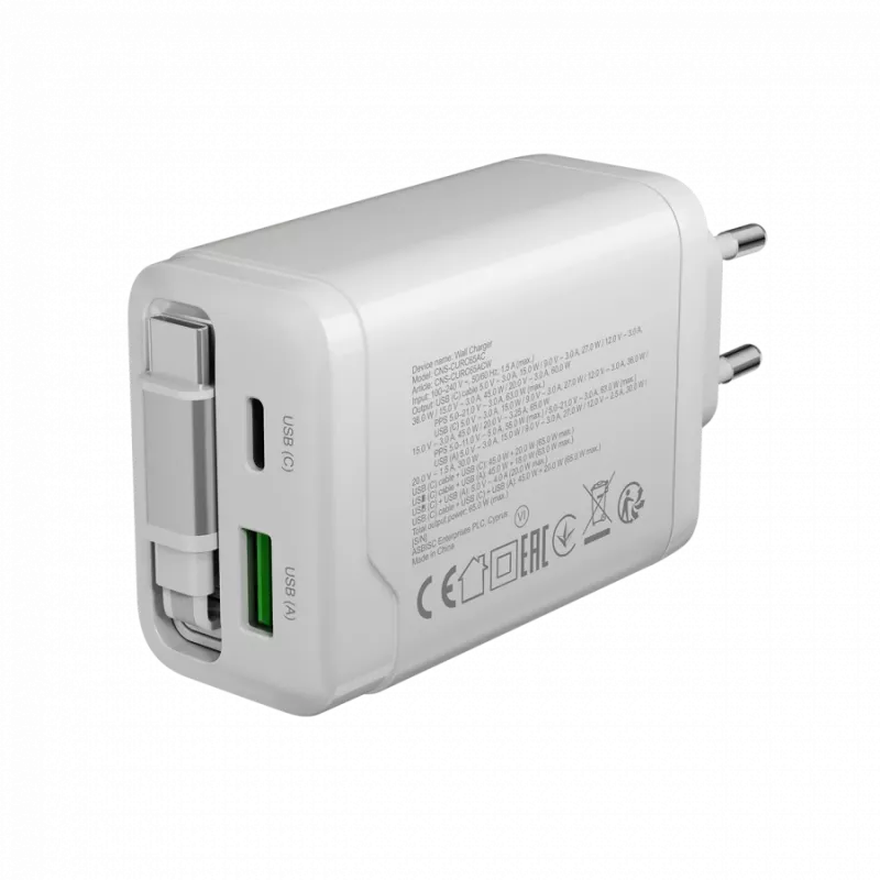 CANYON laadija OnCharge 65RC sisseehitatud USB-C kaabliga 65W, 1x PD, 1x QC, EL pistik, valge