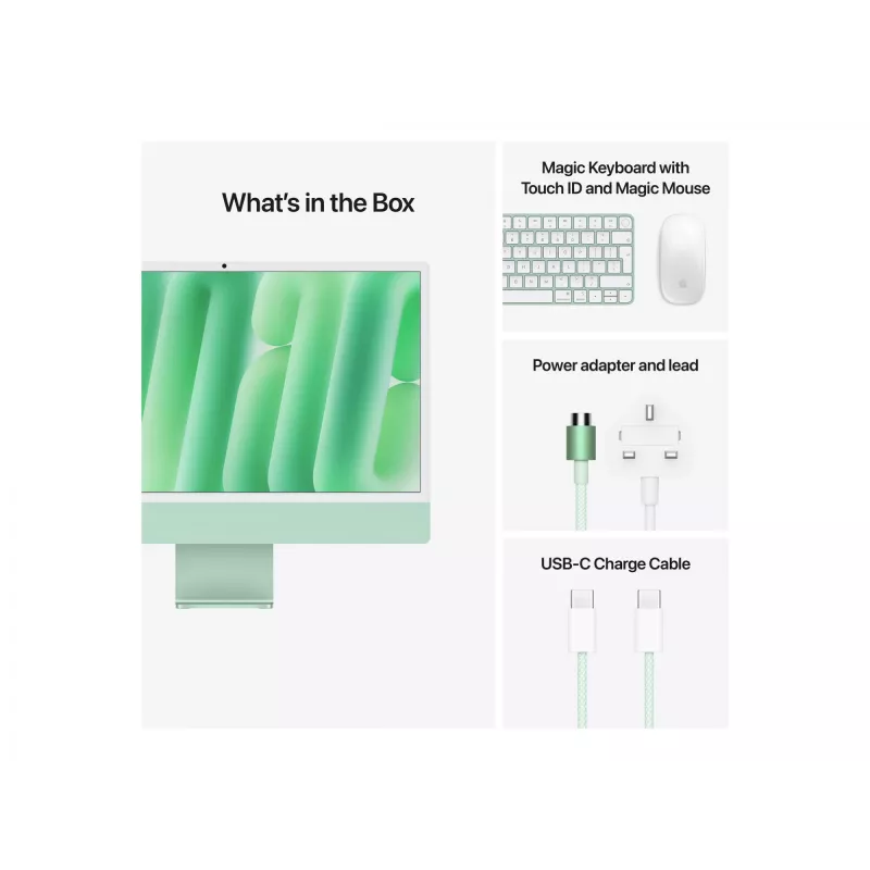 iMac 24 Retina 4.5k Display M4, roheline, M4 (10-CPU/10-GPU), 16 GB, 512 GB, standardklaas, Touch ID, saksa, Gigabit Ethernet, Magic hiir, MWV03D/A