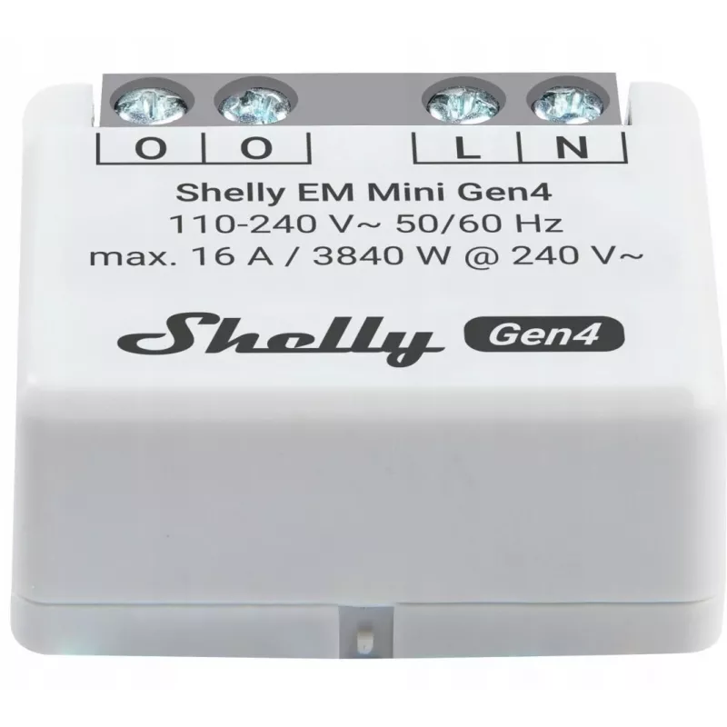 Nutirelee Shelly Relay EM Mini Gen4 1-kanaliline Wi‑Fi Matter Zigbee Bluetooth 8A, 110–240 V, energiamõõtur