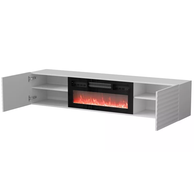 TV-kapp Cama Meble TULA elektrikaminaga, 1830×350×370 mm, valge matt pealispind ja raam