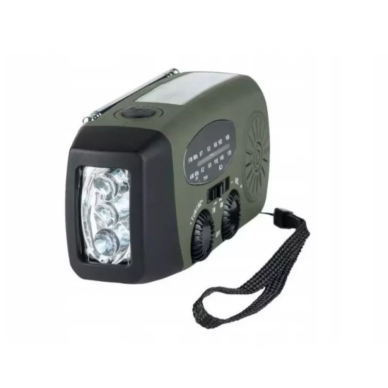 Hädaabiraadio FOSCO 464600 LED-taskulambi, akupanga, FM, IPX3, päikese-/käsitsi-/USB-C-ga – roheline/must
