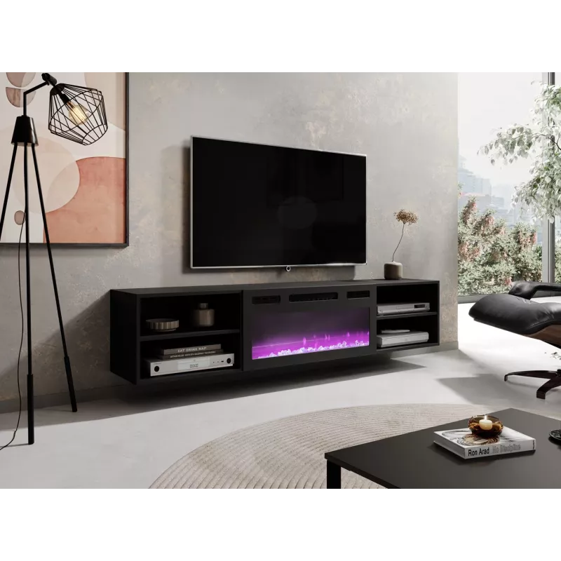 TV-kapp Cama Meble POLO 180x33x39 cm elektrikaminaga 1400–1600 W, must, 2 riiulit, laminaat