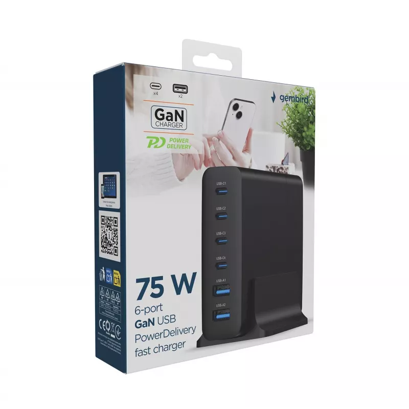 GEMBIRD mobiilseadme laadija TA-UC-2A4C-PD75-01-BK — 75 W, 4× USB-C + 2× USB-A, PD ja QC3.0, 6 seadme samaaegne laadimine, 1,5 m kaabel, must