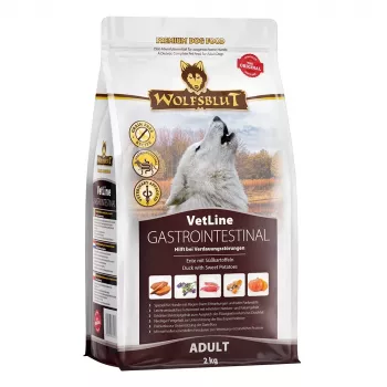Kuiv koeratoit Wolfsblut VetLine Gastrointestinal Duck 2 kg — veterinaardieet seedimise toetamiseks, 20% valku, 10% rasva