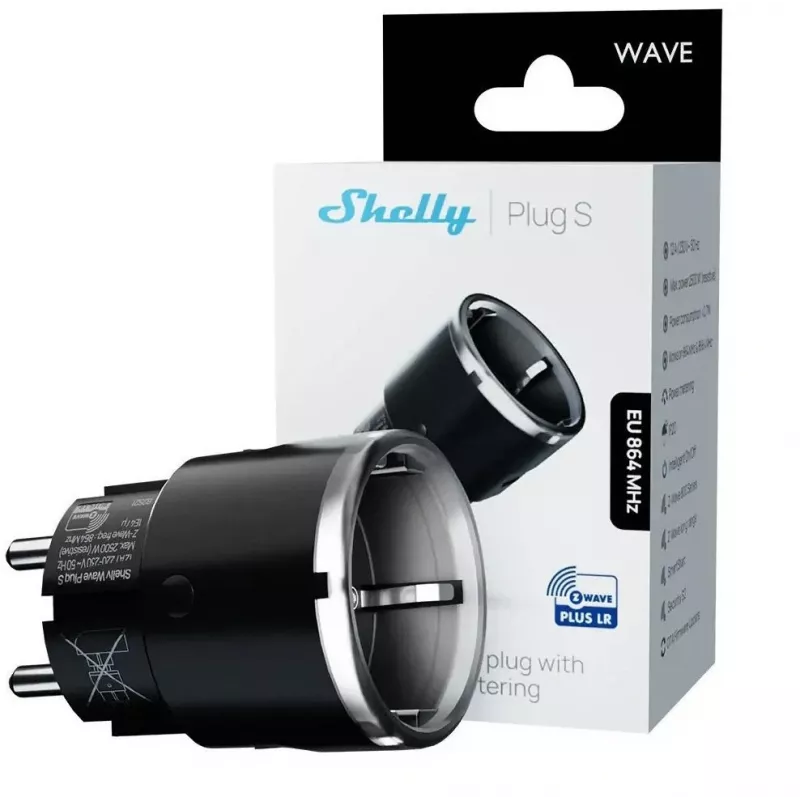 Nutipistik Shelly Wave Plug S Z-Wave 800 Must — Z-Wave 800 nutipistikupesa, 230 V/12 A, 2500 W, võimsuse mõõtmine