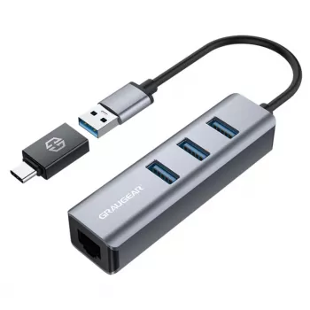 GRAUGEAR USB-jaotur G-HUB31L-A — USB 3.2 Gen 1 Type-A host, 3x USB 3.2 Gen 1 Type-A porti + RJ-45, 5000 Mbit/s