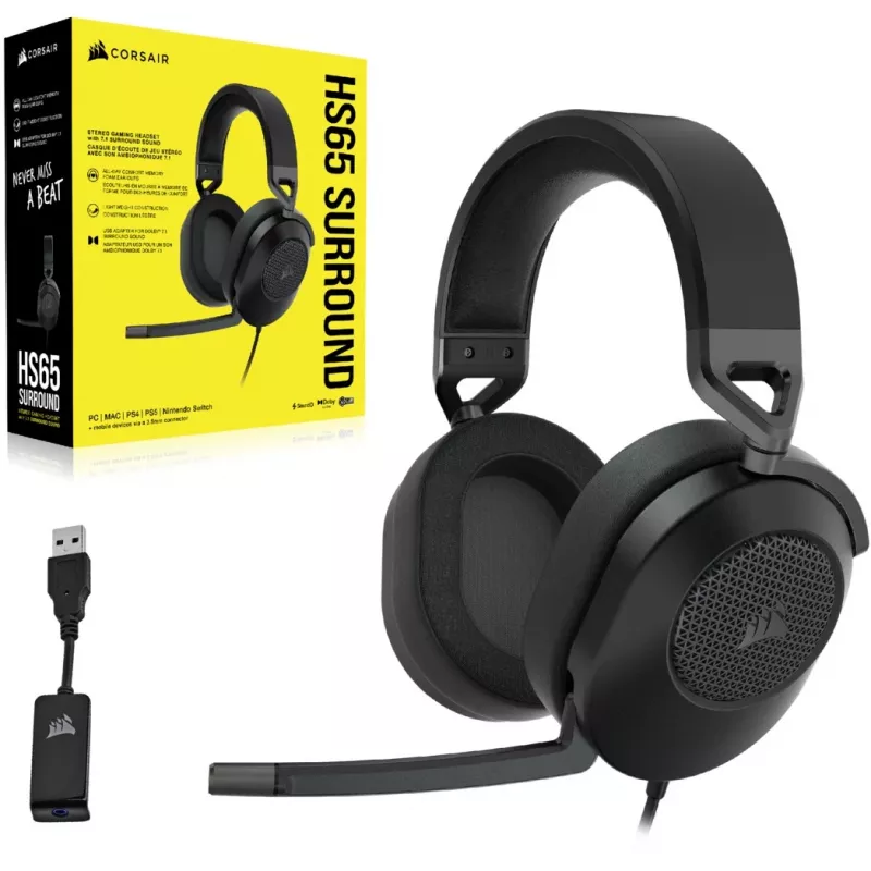 Kõrvaklapid CORSAIR HS65 SURROUND juhtmega mängukõrvaklapid, supra-aural, 3,5 mm + USB adapter, 32 Ω, 282 g, süsinik