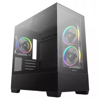PC Midi Tower DeepCool CG380 3F — must, 235×437×451 mm, toetab 2x120 mm külg- + 1x120 mm tagaventilaatorit, alumine toiteplokk, 2.5 tolli/3.5 tolli kõvakettad