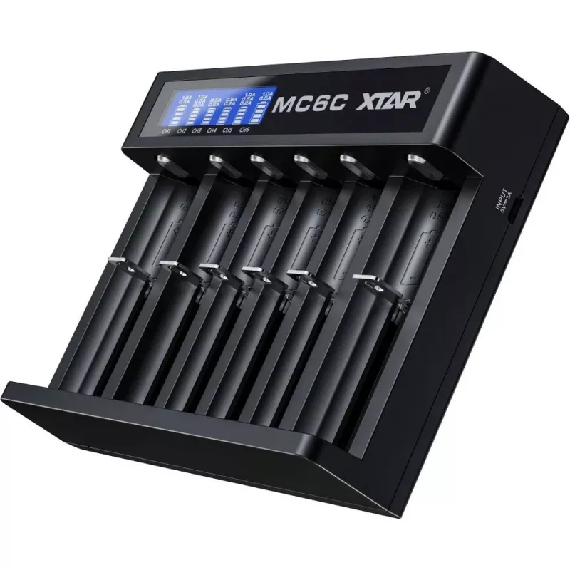 Akulaadija XTAR MC6C mitmepesaline nutilaadija silindrilistele liitium-ioon akudele, 6 pesa, toetab 18650/21700/AA, 5V sisend, must