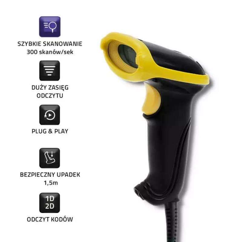 Pihukoodilugeja QOLTEC 50867 — 1D/2D laserskanner, USB-juhtmega, 600 mm lugemisulatus, kollane/must