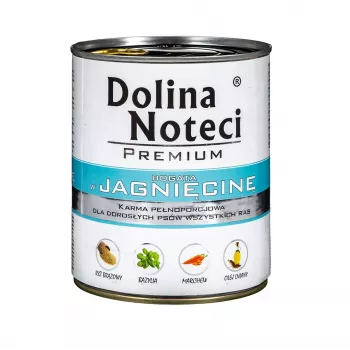Märg koeratoit Dolina Noteci Premium Lamb 800 g purk — teraviljavaba, täiskasvanud koerad, valk 12%, niiskus 77%