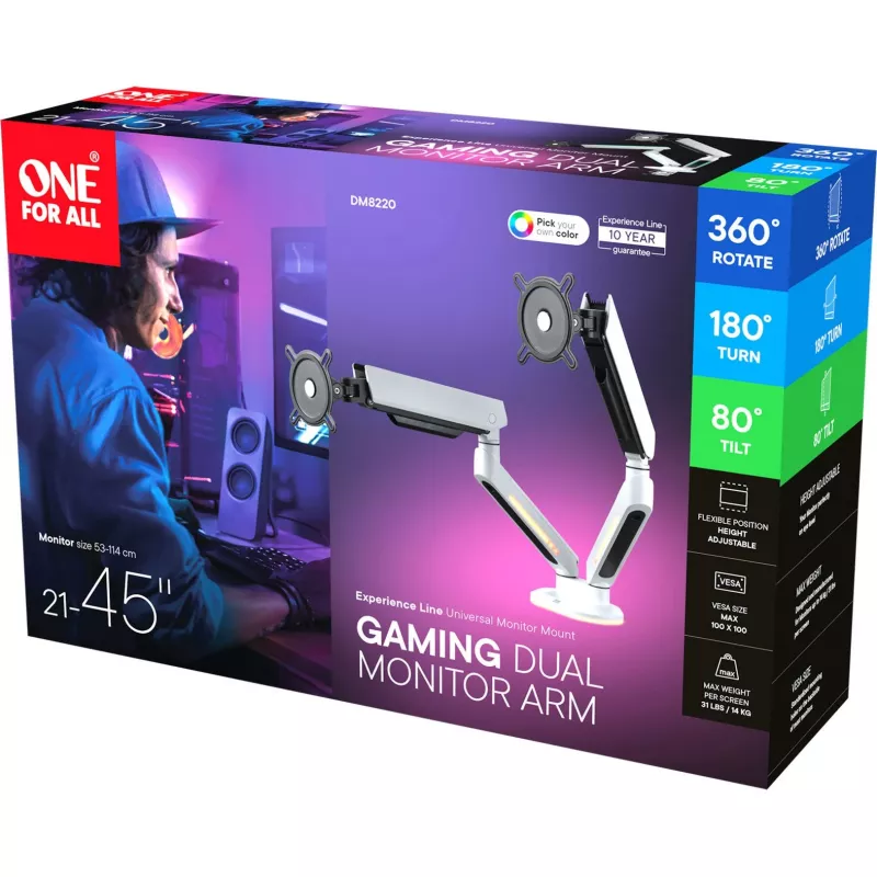 Universaalne mänguritele mõeldud kahe monitori hoidik (DM8220), monitorikinnitus valge, RGB