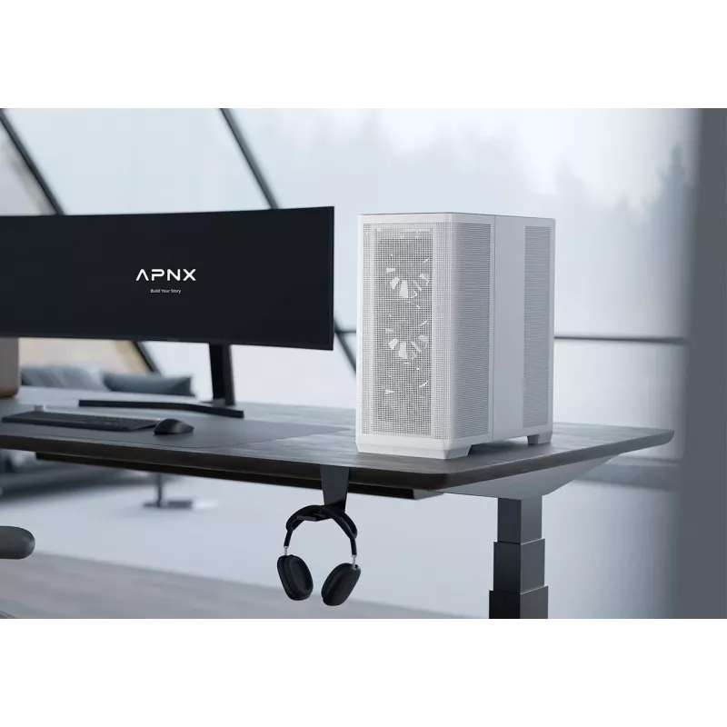 APNX PC Midi Tower C1-R-WT-v1 — valge, toetab ATX/Micro-ATX/Mini-ITX, 3x120 mm esiventilaatorid paigaldatud, 3x3,5 tolli + 3x2,5 tolli pesad, USB 3.2 Gen1 x2