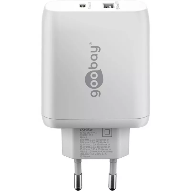 USB-C Dual-Fast Charger, PD, GaN, 65 W (valge, 1x USB-C, 1x USB-A, Power Delivery)