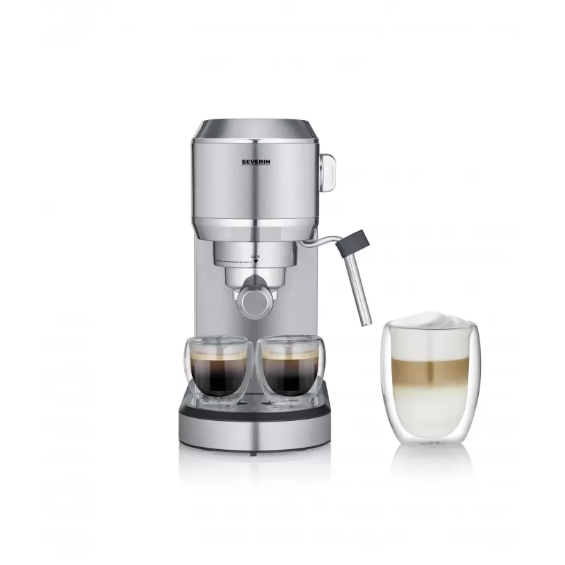 Espressomasin SEVERIN Newspresa KA 5997 — poolautomaatne, 1 L veepaak, 1350 W, kohviveski, must/harjatud teras/kroom