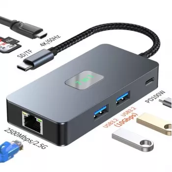 TB-adapteri jaotur USB C (7in1) HDMI USB SD/tf RJ45 (2500 Mbps) PD