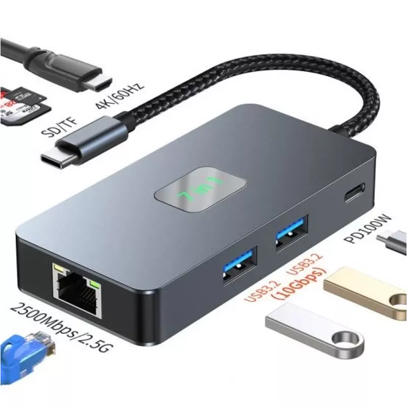 TB-adapteri jaotur USB C (7in1) HDMI USB SD/tf RJ45 (2500 Mbps) PD