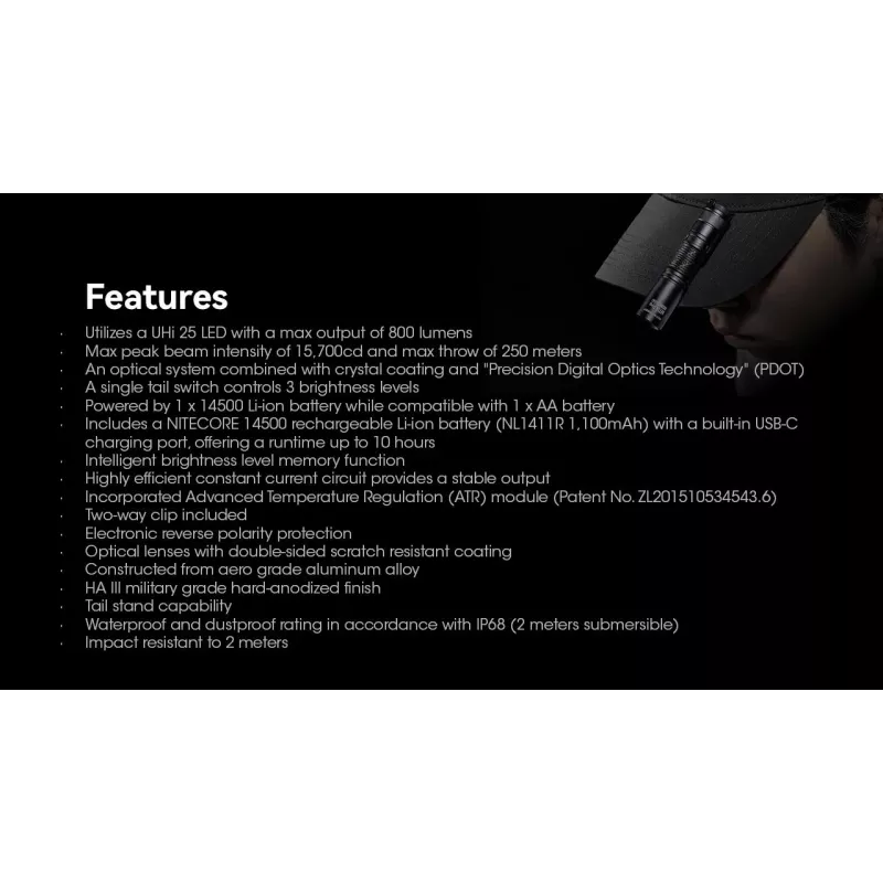 Käsilamp Nitecore MT1A Pro — LED 50 lm, USB-laetav, 1100 mAh, alumiinium, veekindel, põrutuskindel, must