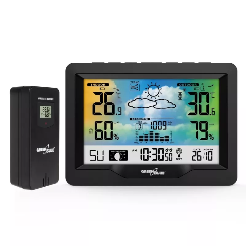 Hygrometer Thermometer GreenBlue GB540 — indoor 0–50°C / outdoor -20–65°C, DCF kell, väliandur 60 m, must