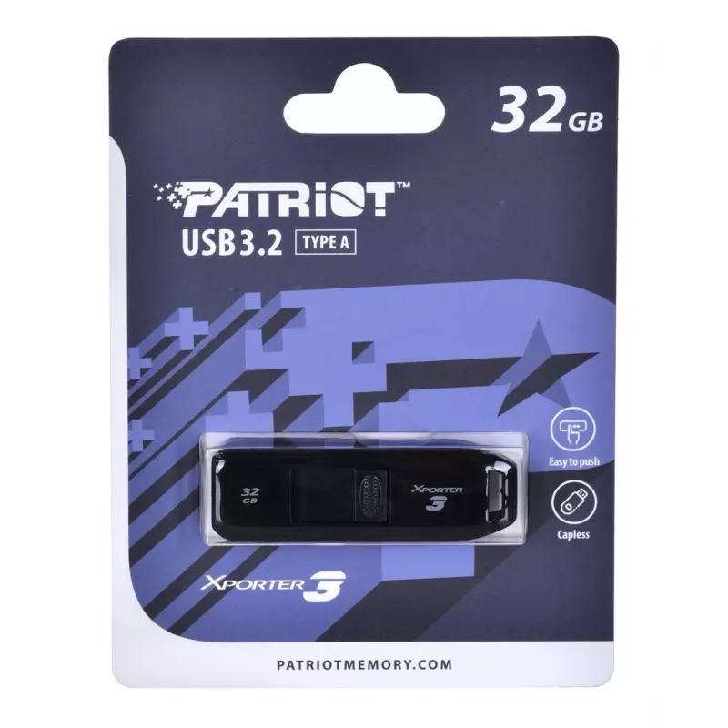 USB-mälupulk PATRIOT Xporter 32 GB USB Type-A 3.2 Gen 1, lugemine 80 MB/s, liugurdisain, must