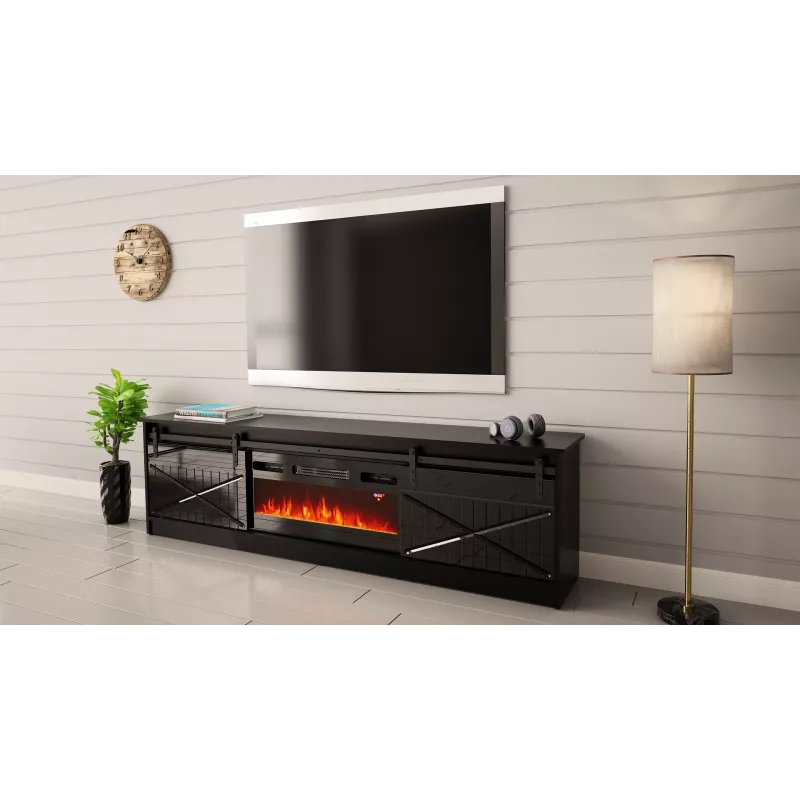 TV-kapp kaminaga Cama Meble GRANERO mudel — 200 x 56,7 x 35 cm, must/must läige, 2 ust, 2 riiulit, lükanduksed, MDF/puitlaastplaat