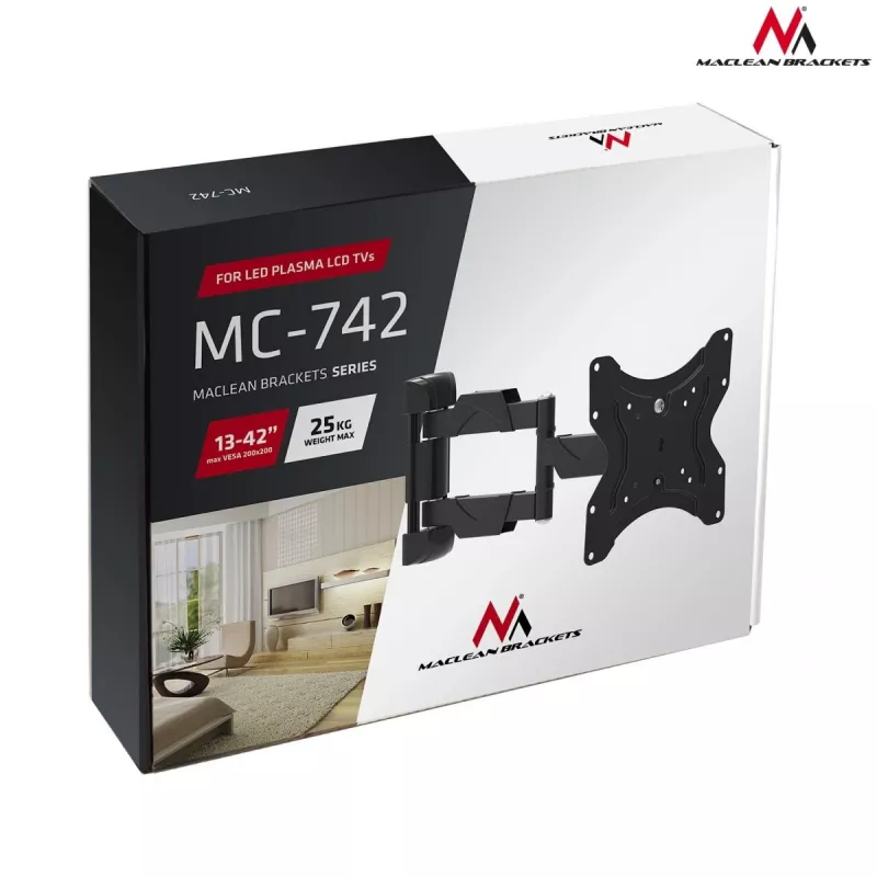Seinale kinnitatav telerihoidik MACLEAN MC-742 kuni 42-tollisele (106,7 cm) telerile, kalle -12°/+12°, VESA 75x75–200x200, max koormus 30 kg, must