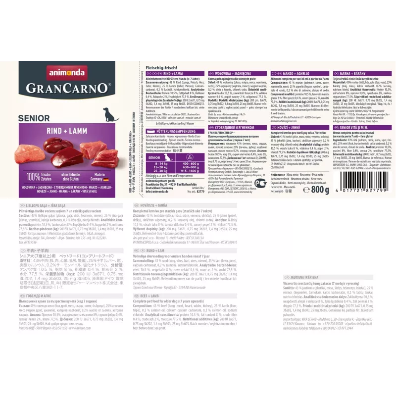 Märg koeratoit animonda GranCarno Senior Veis ja Lambaliha purk 800 g, valk 10,5 %, rasv 8,5 %