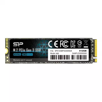 SSD M.2 NVMe Silicon Power P34A60 512 GB — PCIe, lugemine 2200 MB/s, kirjutamine 1600 MB/s, NVMe 1.3