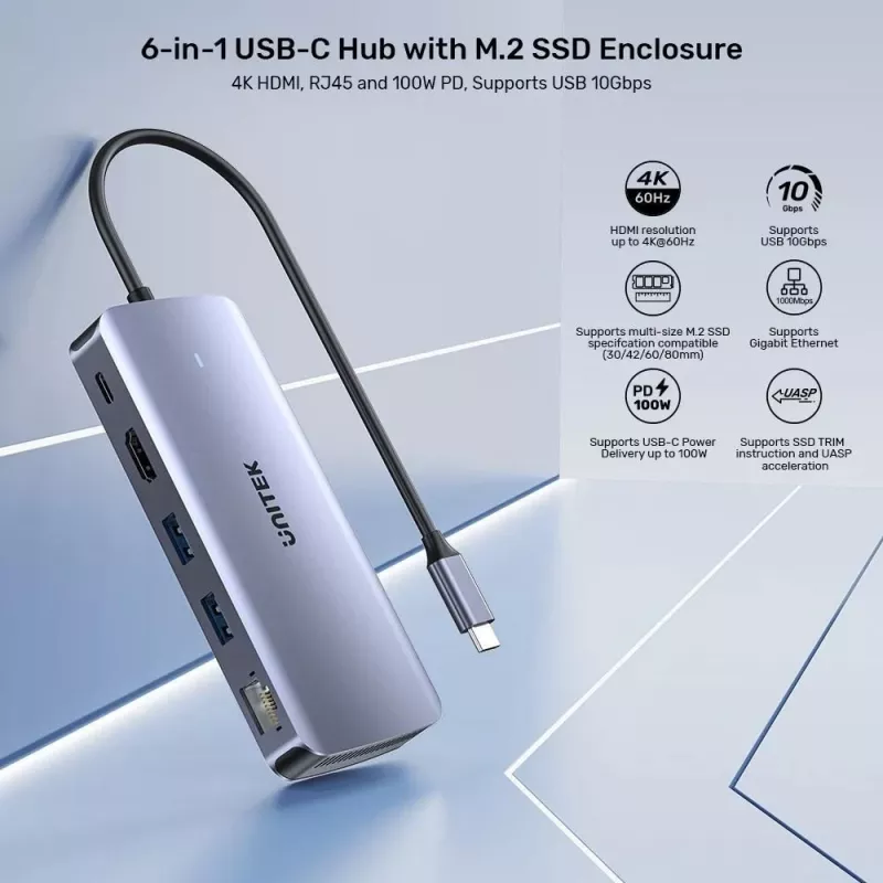 UNITEK AKTIIVNE JAOTUR USB-C 10GBPS,M.2,HDMI, PD 100W