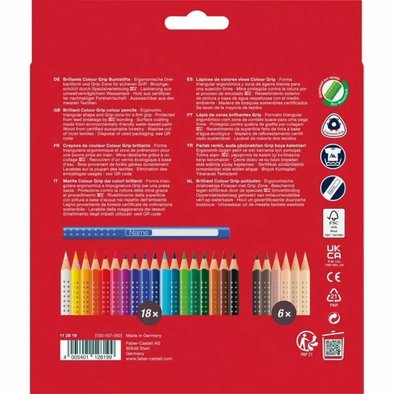 Faber-Castell 112819 Grip Skin Tones värvilised pliiatsid, 18+6