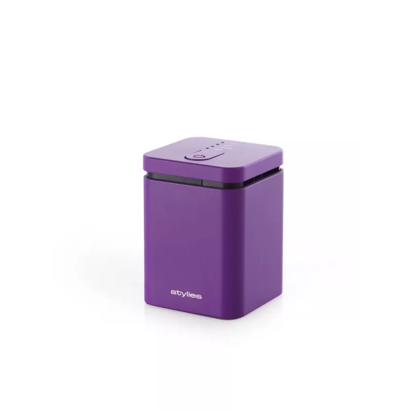 Aurustuva lõhnadifuusor Stylies ELARAPURPLE ruumidesse kuni 25 m² — lilla, ristkülikukujuline, toide vahelduvvoolu/patareide/USB kaudu, lõhnakassett, 2 h taimer, 74×74×100 mm, 1,3 W