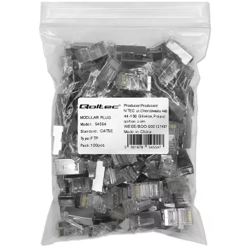 Modulaarne RJ45-pistik QOLTEC 54554 CAT5e FTP, 100 tk, hõbedane, plastik, 11×22×18 mm