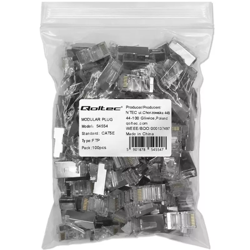Modulaarne RJ45-pistik QOLTEC 54554 CAT5e FTP, 100 tk, hõbedane, plastik, 11×22×18 mm