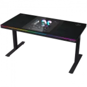 Kahe mootoriga istumiseks/seismiseks reguleeritava kõrgusega mängulaud koos sisseehitatud arvutikorpuse, juhtmevaba laadija, RGB-valgustuse, juhtpaneeli ja USB-portidega, PB melamiinkattega lauaplaat, must.