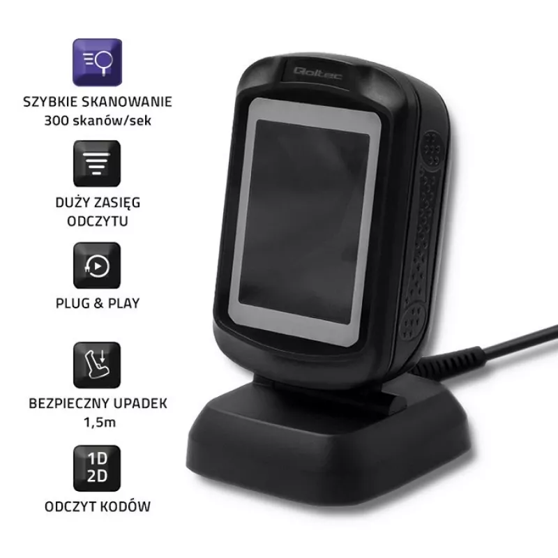 Fikseeritud 1D/2D vöötkoodiluger QOLTEC 50864, LED-andur, USB-juhtmega, must, 145×85×80 mm