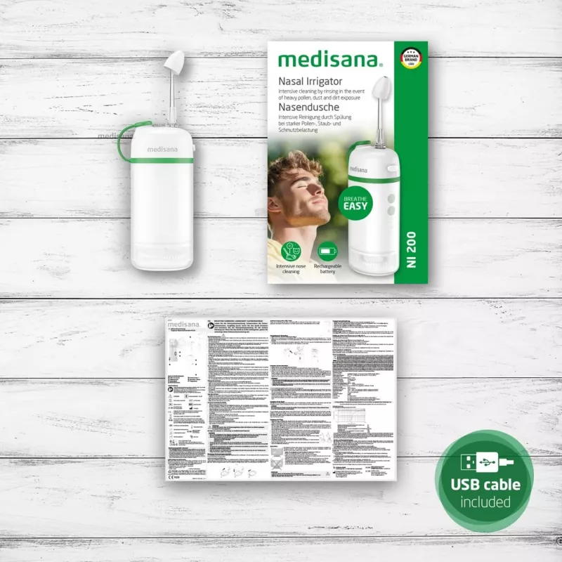 Juhtmeta suuloputusseade Medisana NI 200 — 0,15 L veepaak, 3 programmi, USB‑C, 1400 mAh