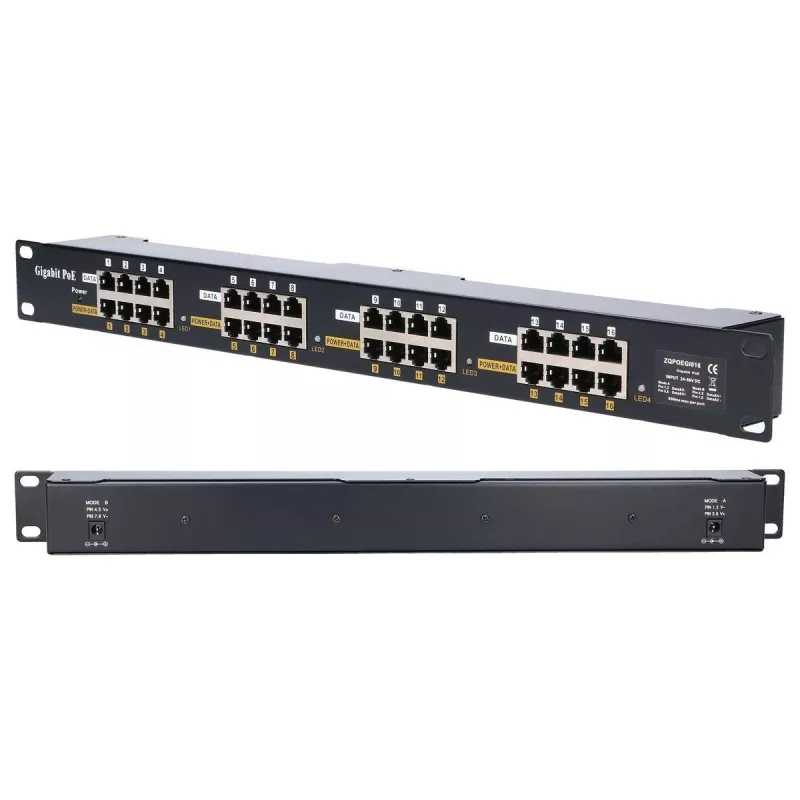 Extralink Gigabit PoE-sisestaja 16 porti 16x 1000Mb/s RJ45, raamile paigaldatav