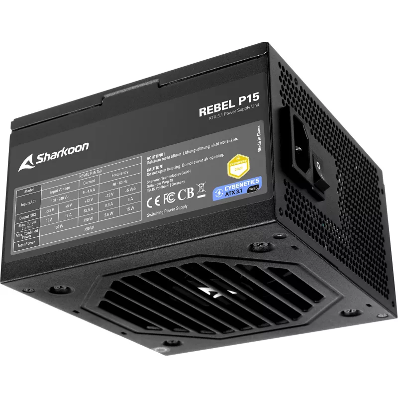 Toiteplokk Sharkoon Rebel P15 750, 750 W, 1× 12-kontaktiline suure võimsusega GPU-pistik, 4× PCIe, modulaarne kaabeldus