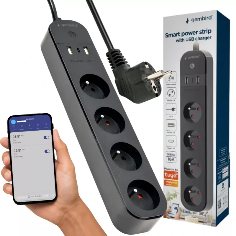 GEMBIRD TSL-PS-F4U-02 nelja PL-pistikupesa ja USB-laadijaga pikendusjuhe, must
