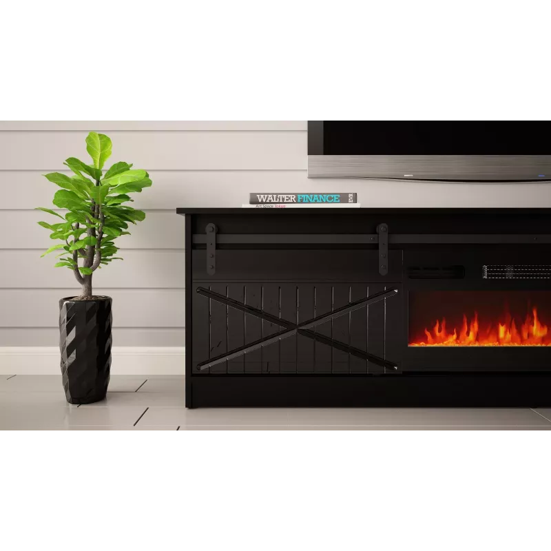 TV-kapp kaminaga Cama Meble GRANERO mudel — 200 x 56,7 x 35 cm, must/must läige, 2 ust, 2 riiulit, lükanduksed, MDF/puitlaastplaat