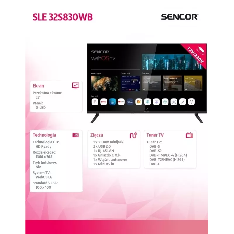 Televiisor SENCOR SLE 32S830WB 32-tolline LED Smart webOS 12V BT5.0