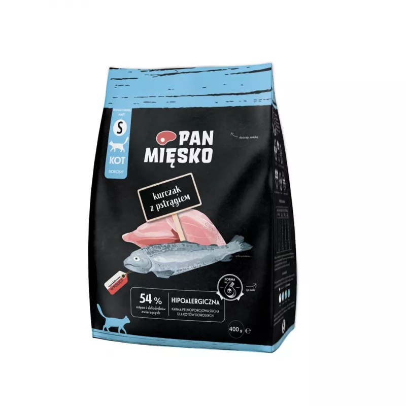 Kuiv kassitoit Pan Miesko Kana ja Forelliga S, täissööt krõbinad, 400 g, 39% valku, 16% rasva