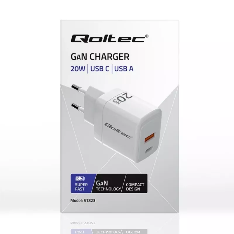 GaN-laadija QOLTEC 51823 20W USB toiteadapter, 5V/20V väljund